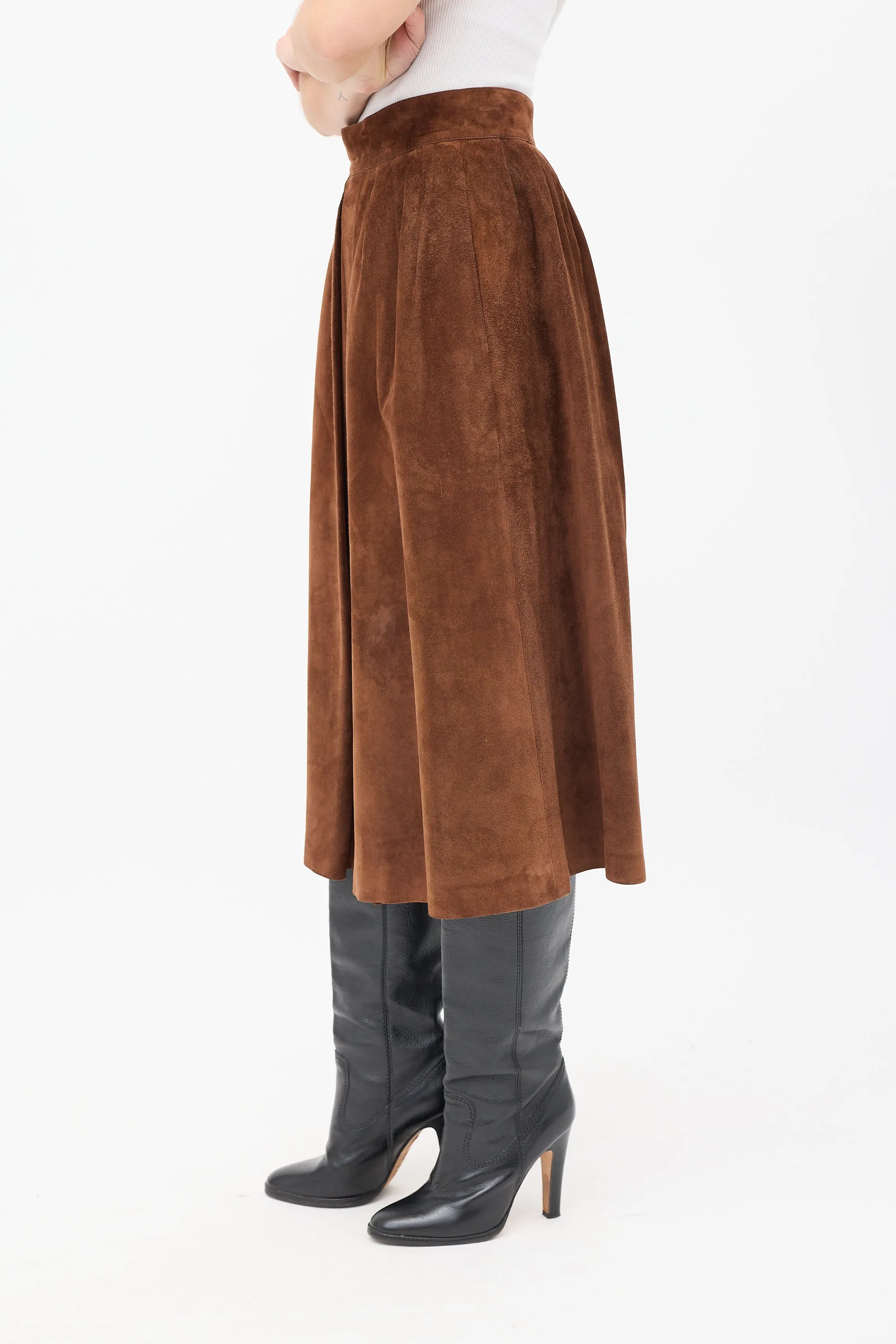 Vintage Brown Suede Pleated Midi Skirt