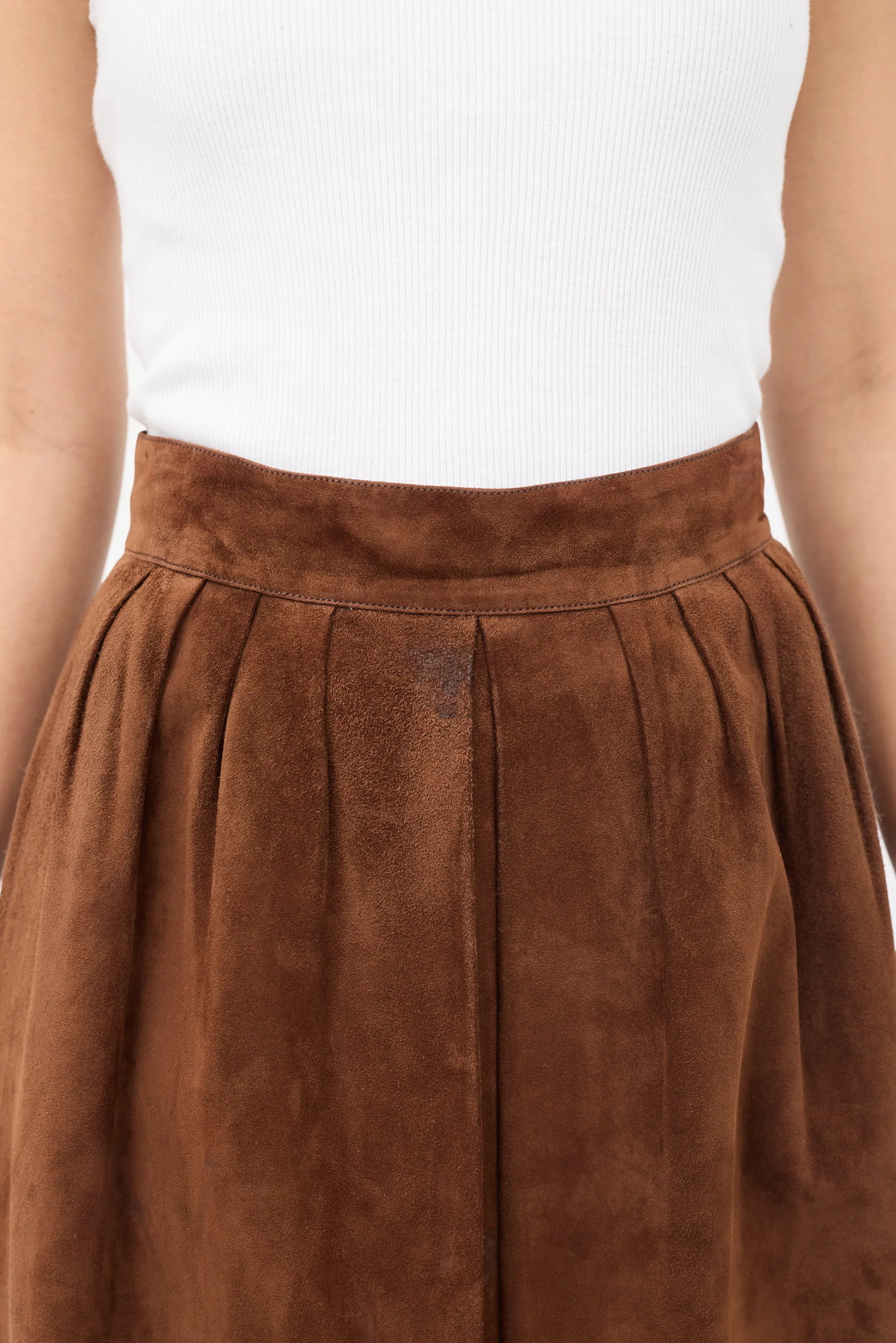 Vintage Brown Suede Pleated Midi Skirt