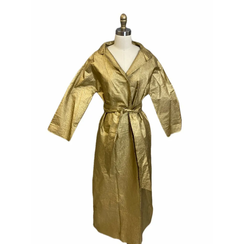 Vintage Metallic Gold Textured Mod Paper Trench Coat Wrap Never worn 1970s L