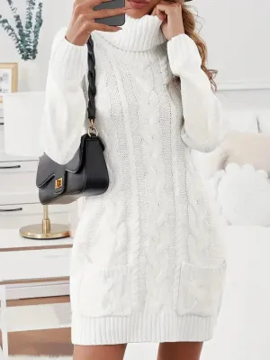 Wenkouban-Christmas Thanksgiving Gift New Year's Eve Dress party look inspos back to school dress  Turtle Neck Dual Pocket Cable Knit Sweater Dress