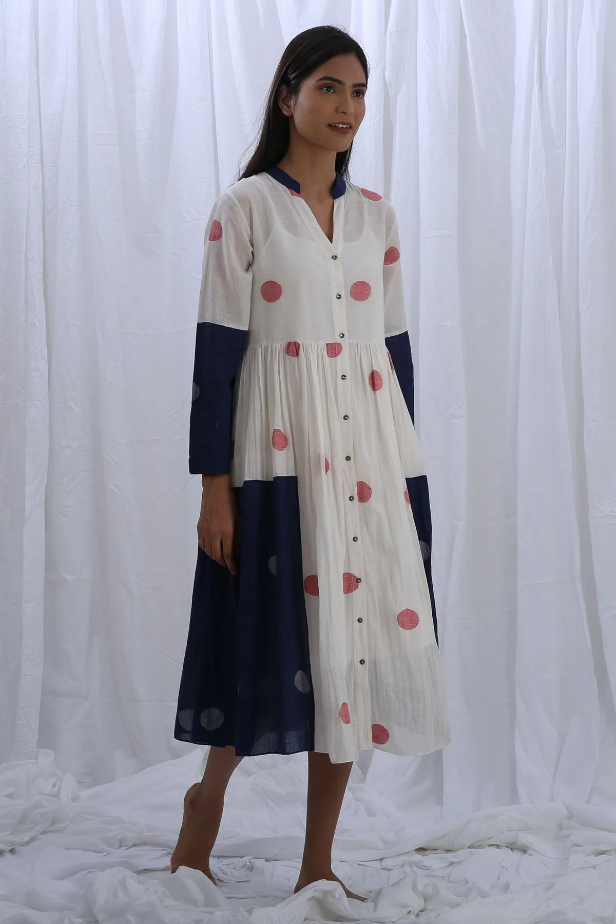 White & Blue Polka Shirt Dress