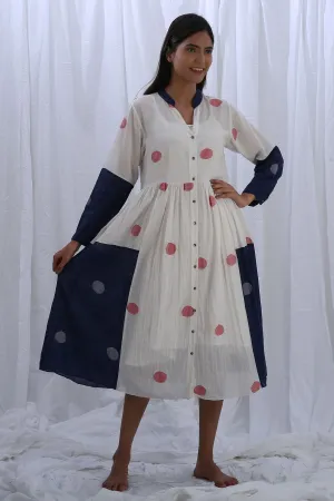 White & Blue Polka Shirt Dress