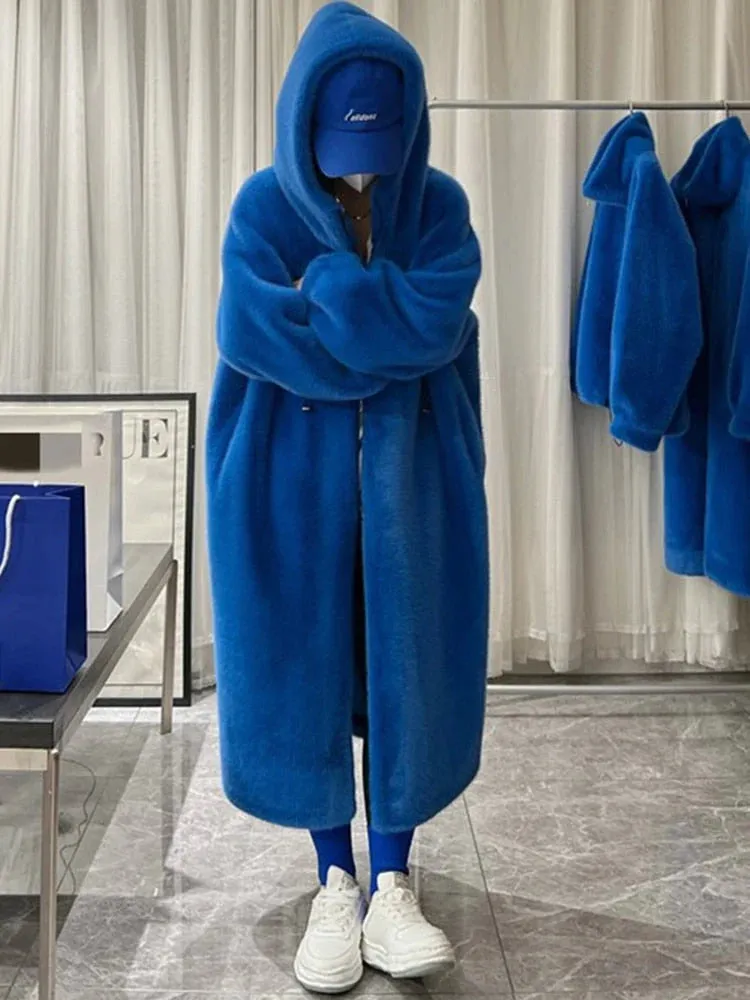 Women Long Oversized Fluffy Faux Fur With Hood Coat