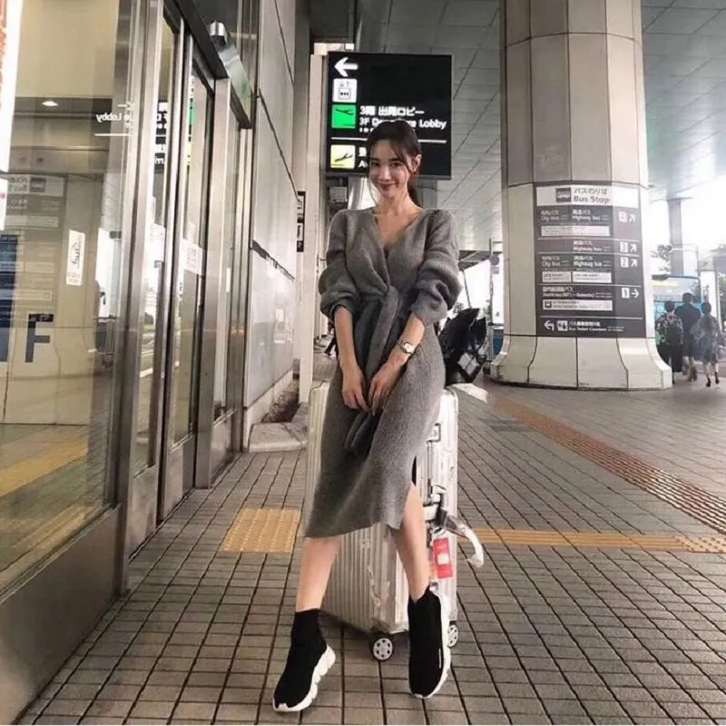 Women's Autumn/Winter Casual V-Neck Long-Sleeved Sweater Dress