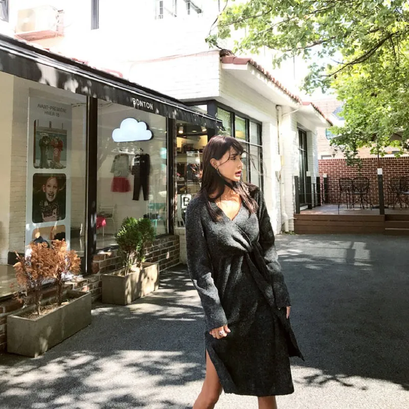 Women's Autumn/Winter Casual V-Neck Long-Sleeved Sweater Dress