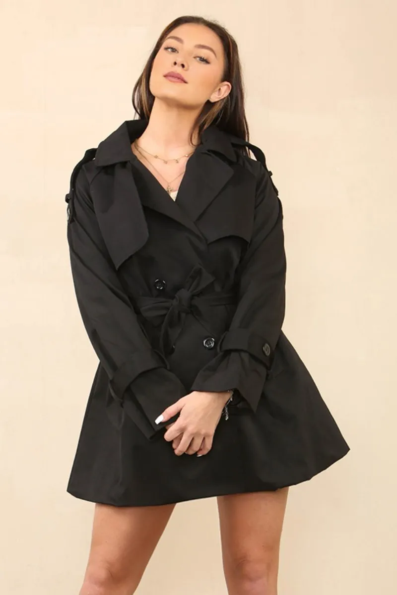 Women's Black Notch Lapel Double Breasted Waist Tie Trench Coat