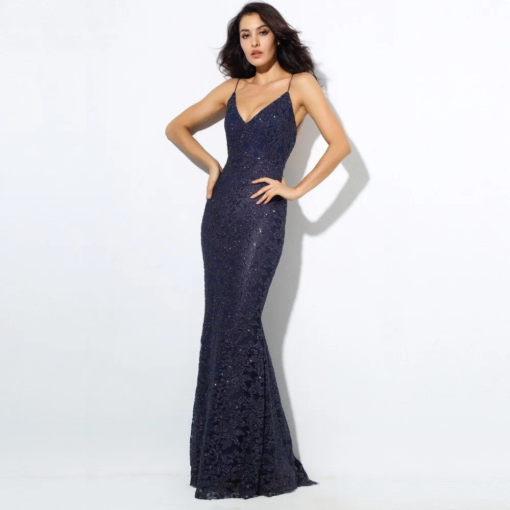 Women's Deep V-Neck Long Dress With Open Back