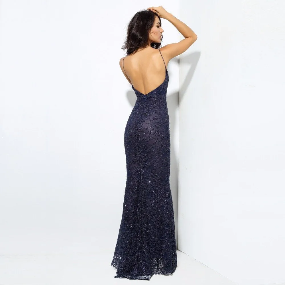 Women's Deep V-Neck Long Dress With Open Back