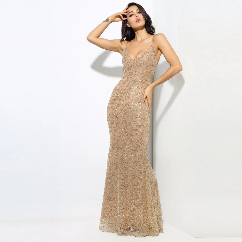 Women's Deep V-Neck Long Dress With Open Back