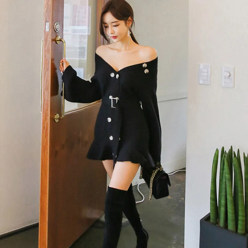 Women's Spring/Autumn Casual A-Line Sweater Flare-Sleeved Dress
