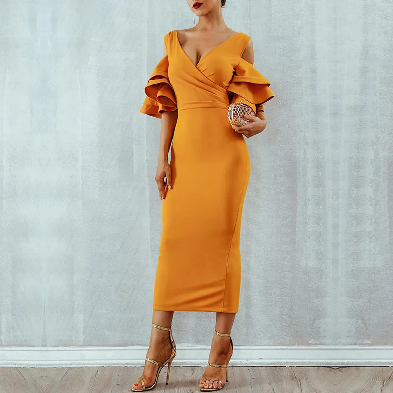 Women's Summer Sheath Long V-Neck Dress With Ruffles