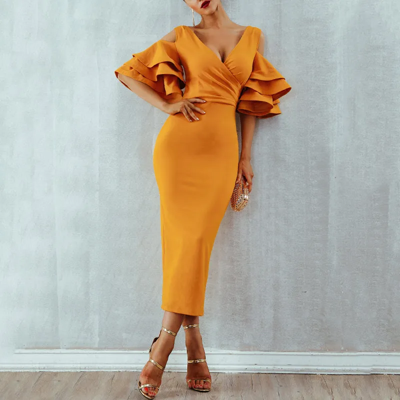 Women's Summer Sheath Long V-Neck Dress With Ruffles
