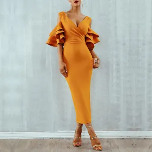 Women's Summer Sheath Long V-Neck Dress With Ruffles