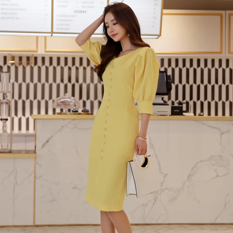 Women's Summer Sheath V-Neck Polyester Dress With Buttons