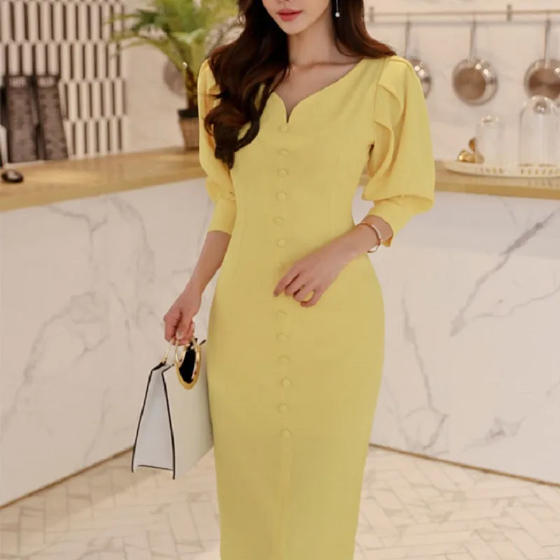 Women's Summer Sheath V-Neck Polyester Dress With Buttons