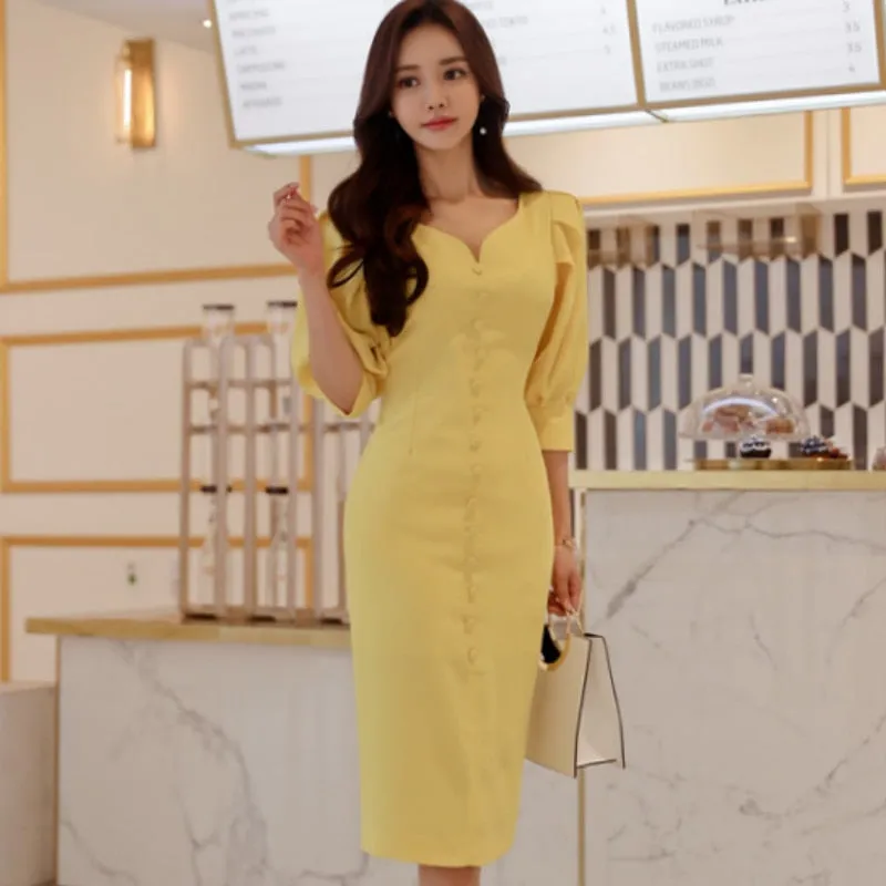 Women's Summer Sheath V-Neck Polyester Dress With Buttons