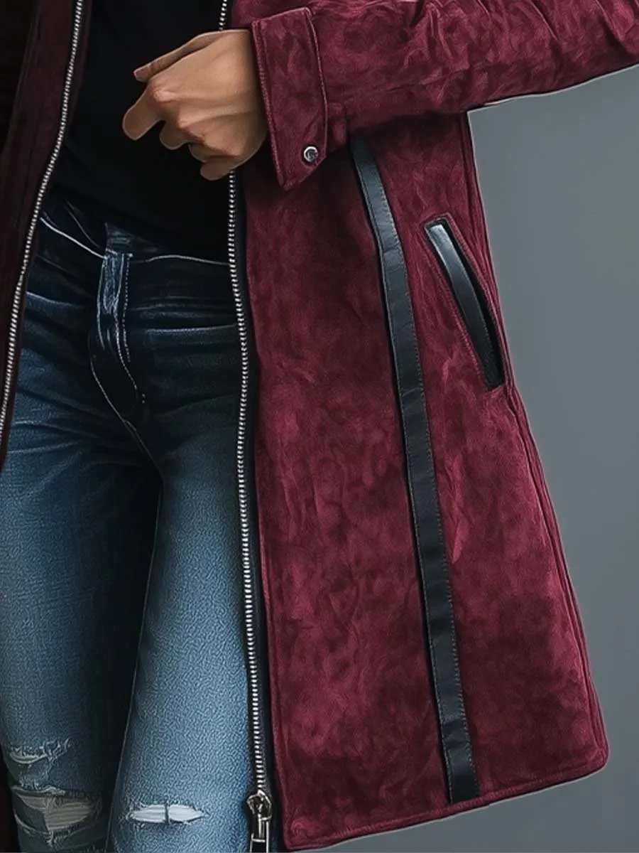 Women's Vintage Burgundy Leather Patchwork Suede Jacket
