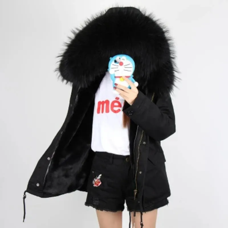 Women's Winter Casual Slim Parka With Removable Raccoon Fur