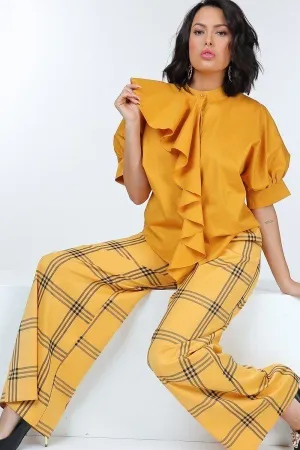 Yellow & Black High Waist Plaid Print Wide Leg Pants