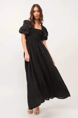 Zuri Black Open Back Smocked Midi Dress